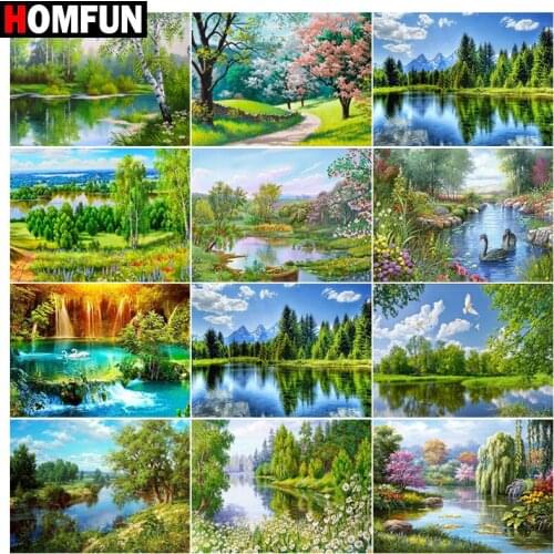 HOMFUN 5D Diamond "Lake tree forest green" Diamond Embroidery Full Round/ Square Diy Diamond Painting Cross Stitch Home Decor