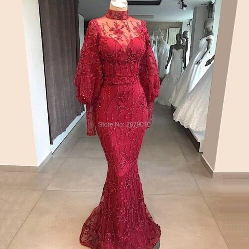 Burgundy High-Neck Evening Dresses Mermaid Prom Dress Islamic Long Sleeves Applique Beaded Party Dress Haute Couture For Dubai