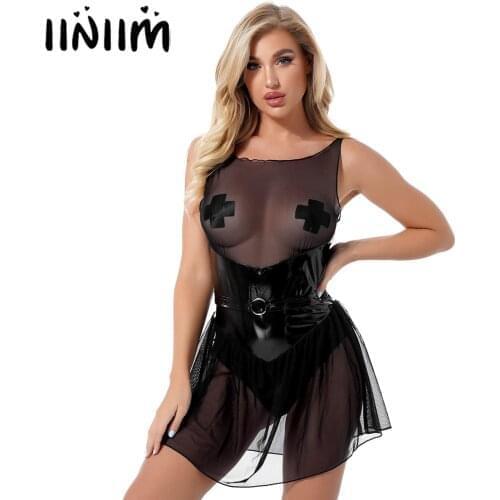 Black Women Latex Dress Shiny Patent Leather Patchwork Sleeveless Dress Nightclub Sexy Lingerie Costume See-through Mesh Dresses