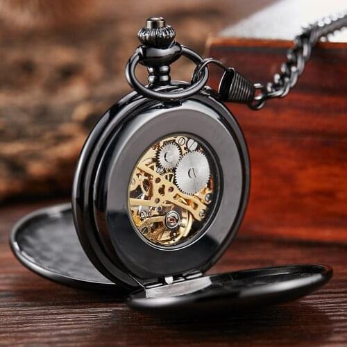 Classy Black Hand-winding Mechanical Pocket Watch Fob Chain Men Watches Plain Flip Clock for Laser Engraved without Battery Gift