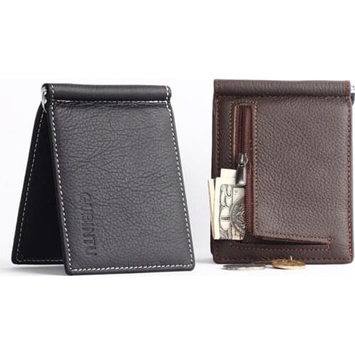 GUBINTU Portable Mini Mens Genuine leather Money Clip Wallet With Coin Pocket Small Card Cash Holder Metal Money Clamp For Male