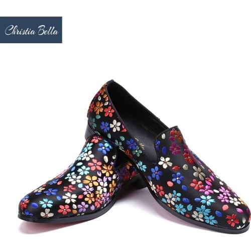 Christia Bella New Handmade Floral Print Men Loafers Fashion Party Banquet Men Dress Shoes Designer Smoking Slipper Men Flats