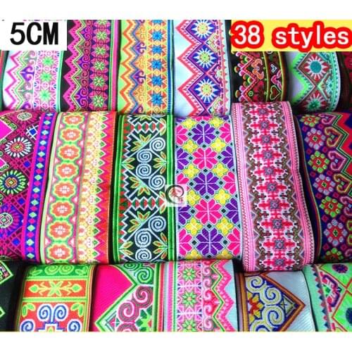 NEW 38 Miao Style Webbing 50MM8yard Handmade Embroidery Lace Woven Jacquard Ribbon Trims For Belt Clothing Cuff Sewing Accessory