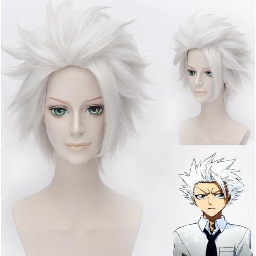 BLEACH Hitsugaya Toushirou Wig Short Silver White Layered Fluffy Synthetic Hair Heat Resistance Fiber Wigs + Wig Cap