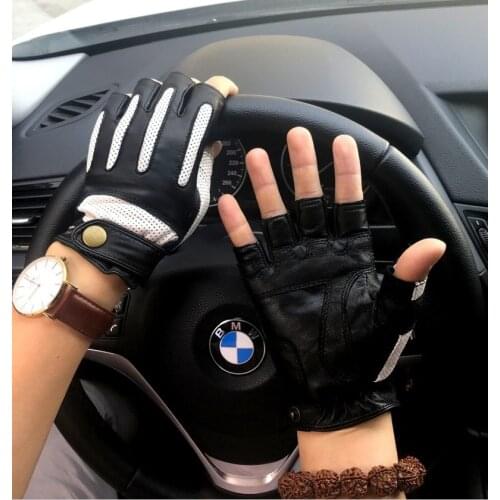 Retro Patchwork Motorcycle Driving Leather Gloves Men Half Finger Outdoor Sports Genuine Leather Gloves Anti-skid AGD022