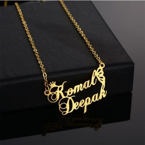 Personalized Frosted Double Name Necklace Customized Butterfly Name Necklace Stainless Steel Nameplate Chocker Gifts Jewelry