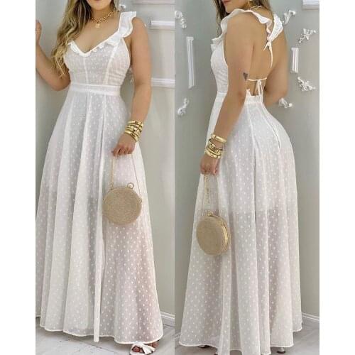 2021 Summer Ruffle Hem Open Back Slit Maxi White Dress Sleeveless Elegant Casual Lace Up Sexy Vacation Solid Long Ladies Dress
