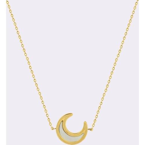 18K Gold Plated Simple Stainless Steel White Seashell Moon Pendant Necklace Titanium Steel Pearl Oysters Moon Choker Necklace