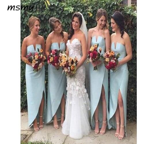 Simple A-Line Bridesmaid DressesSleeveless Strapless High Low Satin Cheap Long Bridesmaid Dresses With Lace Custom Made