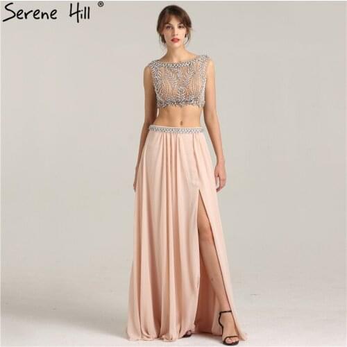 Sleeveless Sexy Beach Crop Top Prom Dress Crystal Pearls Two Piece Fashion Evening Gwons 2020 Real Photo LA6258