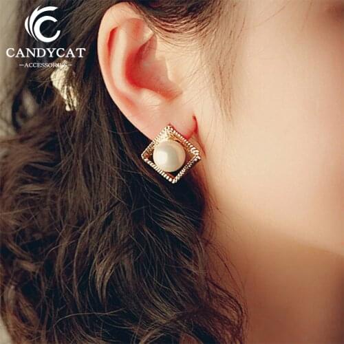 Trendy Big Pearl Stud Earrings For Women Simple Hollow Square Ear Nail Exquisite Gold Sliver Studs Fashion Jewelry Wholesale