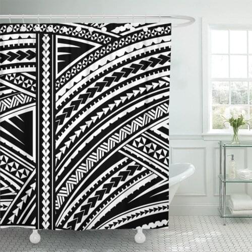Blue Polynesian Maori Tribal Pattern Tattoo Aboriginal Curl Ethnic Waterproof Polyester Fabric Shower Curtain 60 x 72 inches Set