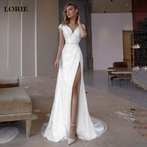 LORIE ivory Mermaid Wedding Dresses Cap Sleeve Beach Bridal Gowns V-Neck Side Split Luxury Sequins Princess Party Gowns