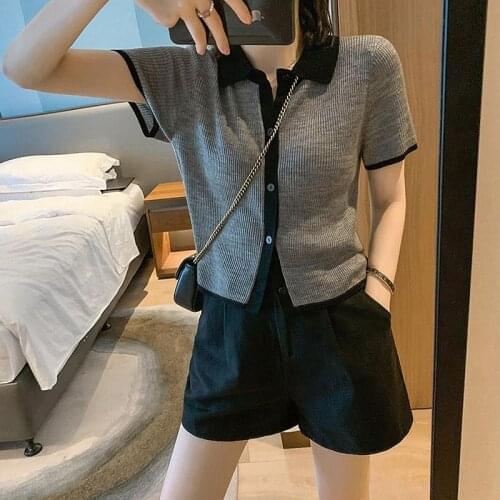Polo Collar Half-sleeved Ice Silk Sweater Womens Summer 2021 New Short-sleeved Base Cardigan Slim-fit Short-sleeved T-shirt Top
