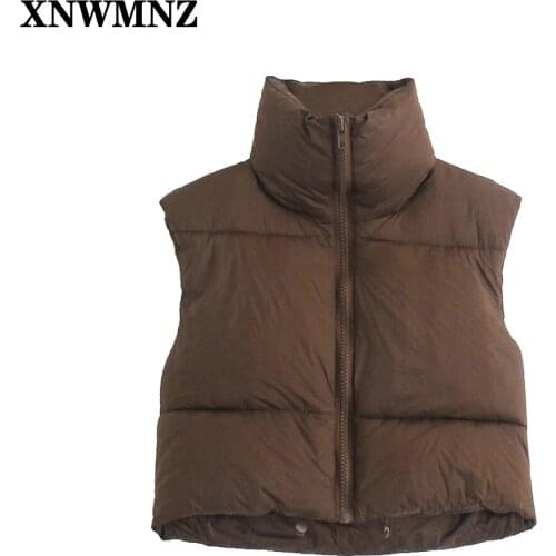 XNWMNZ 2021 Women Fashion Brown Cropped Vest Coat Female Stand Collar Zipper Waistcoat Ladies Casual Outerwear spring chic tops