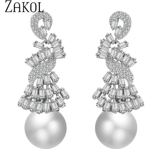 ZAKOL Newest Luxury Imitation Pearl Full Cubic Zirconia Statment Drop Earring Fashion CZ Engagement Women Wedding Party Jewelry