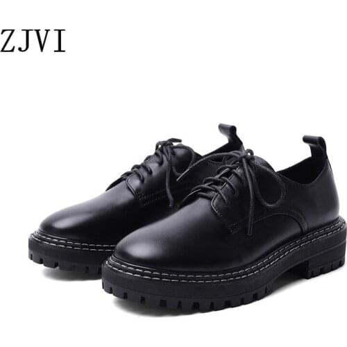 ZJVI Women Sexy 4cm Square Heels 2020 New Spring Autumn Genuine Leather Lace Up Pumps For Girls Woman Ladies Fashion Black Shoes