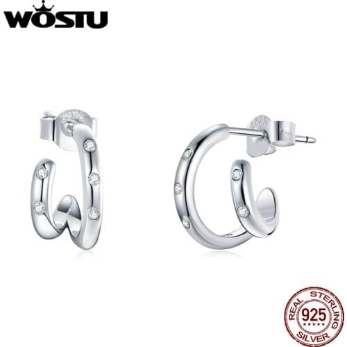 WOSTU Double Loop Earrings Authentic 925 Sterling Silver Circle Hoop For Women Wedding Fashion Noble Jewelry Gift DAE494