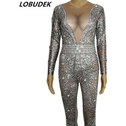 Women Sparkly Rhinestones Jumpsuit Stage Outfits Sexy Stretch Leotard Rompers Dance Costume Bar Party Compere Star DJ DS show