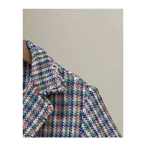 2021 Summer New Color Plaid Colorful Short Jacket + Vest + Shorts Women Set