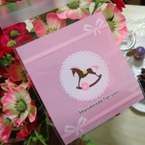 100pcs Pink Candy Bag Handmade For you Party Cute Horse Self adhesive Wedding Cellophane Bag Cookies Biscuits Cake Gift Bags