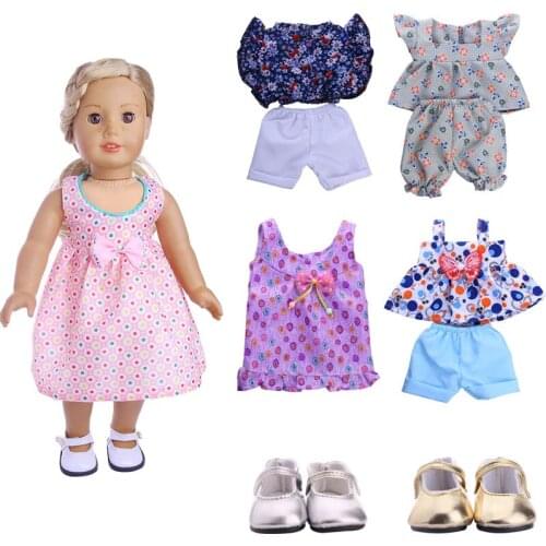 2 Pcs/set Short Sleeve Shorts/Dress Doll Clothes Floral Pattern For New Born Baby Clothes 43 Cm & 18 Inch American,Dolls Shoes