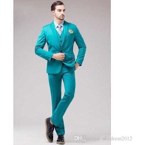 2020 New Slim Fit Groom Tuxedos Notch Lapel Mens Suit Turquoise Groomsman Best Man Wedding Dinner Suits (Jacket+Pants+Vest)