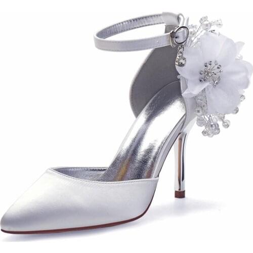 2020 Satin Pearl Flower High Heels Wedding Shoes Pointed Toe Ribbon Tie Heels Prom Evening Formal Party Dress Pumps Women