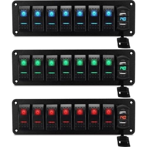 Car Waterproof Marine Boat Rocker Switch Panel 8 Gang 12V/24V Circuit Breaker Dual USB Slots Light Button