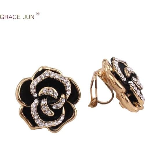 GRACE JUN Vintage Gold Color Rose Flower Shape Clip on Earrings No Pierced for Women Gorgeous Cushion Earrings Needn't Ear Hole