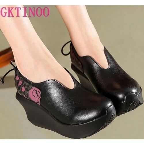 GKTINOO 2021 Wedges Women Shoe Spring Autumn Slip-On High Heels Round Toe Genuine Leather Casual Ladies Platform Shoes Woman