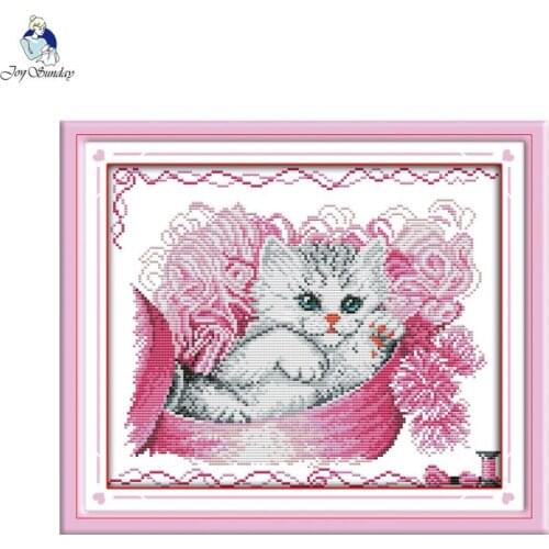 Joy Sunday Kitten and wool Counted 11CT Printed Fabric 14CT Canvas DMC Chinese DIY Hand Cross-stitch set Embroidery Needlework