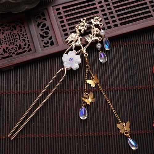 Chinese Ethnic Butterfly Hair Sticks Flower Pendant Tassel for Women Bridal Wedding Party Hair Jewelry Accessories Chopsticks U