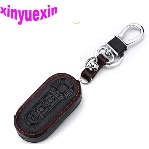 Xinyuexin Leather Car Key Cover Case For Fait 500 Smart Remote Key Jacket Wallet Car-stying With Keychain 3 Buttons No Logo