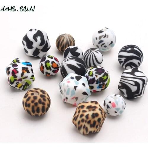 MHS.SUN 5Pcs Food Grade Silicone Leopard Hexagon Beads BPA Free Baby Silicone Chewing Teething Beads 14MM
