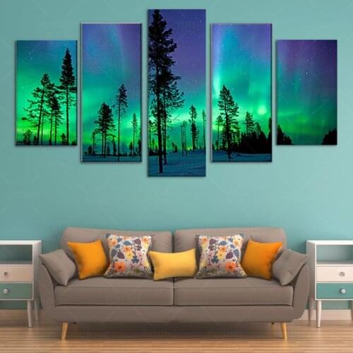 Living Room Wall Art Pictures HD Printed 5 Piece/Pcs Green Aurora Borealis Modern framed Painting On Canvas Home Decor Posters