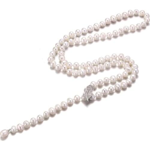SENEN GIRL Long Pearl Necklace Women White 6.5-7.5mm Freshwater Pearl Necklace 73cm Length Girl Gift Fashion Jewelry