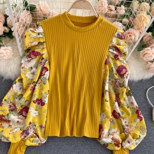 Autumn Spring Girls O-neck T-Shirts Tees Female Patched Print Chiffon Full Puff Sleeve Sweet Tshirt Tops For Slim Women