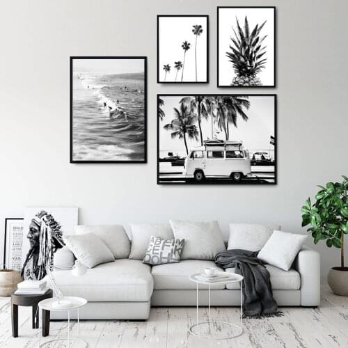 Pineapple Wall Art Canvas Posters Nordic Tropical Palm Sea Landscape Painting Black White Decorative Picture Living Room Decor