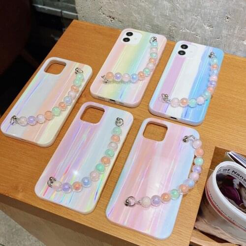 Luxury Laser Soft Phone Case Cover For iPhone 7 8 Plus SE 2020 11 12 Pro Max X XR XS Max Luxury Glitter Rubber Skin Bead Chain