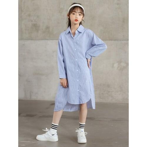 10 12 years Girls Long Shirts Fall Teen Girls Casual Fashion Blue Striped Cotton Dress Sisters Matching Clothes