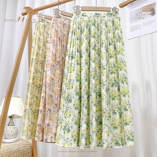 SISHION 2021 Beach Long Boho Maxi Skirt VD1816 Women Summer Floral Print Chiffon Pleated Skirt