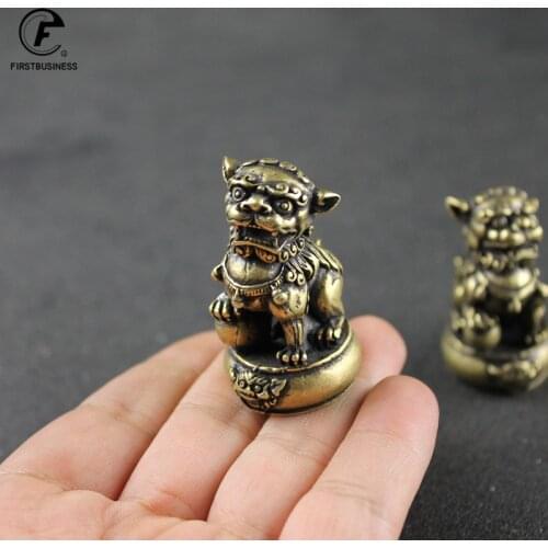 Pure Copper Lucky Lion King Figurines Miniatures Desk Ornaments Antique Bronze Chinese Animals Statue Home Feng Shui Decor