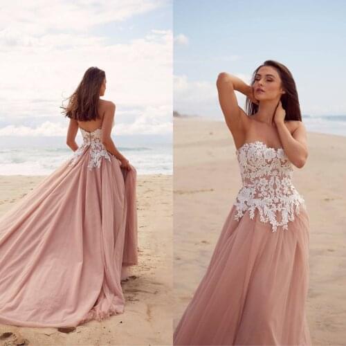 New A-Line Whit Appliques Pink Tulle Gowns Custom Made Strapless Court Train Wedding Dresses