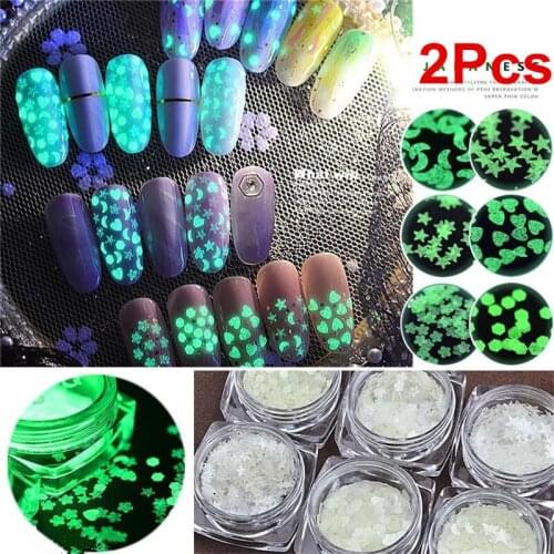 2Pcs/set Luminous Nail Heart Star Stickers Sequins Glow In The Dark Glitter Fluorescent Nail Tip Decoration Salon Manicure Tools