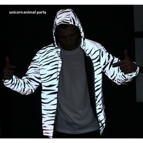 Zebra fluorescent clothing Men jacket casual hiphop windbreaker 3m reflective jacket tide men coat hooded