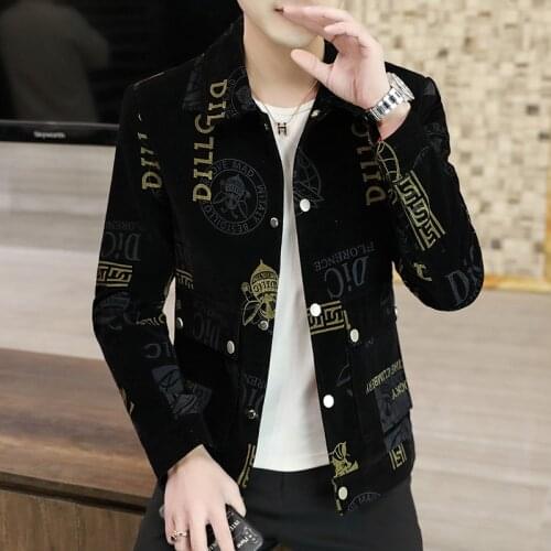 2021 Spring Corduroy Letter Printed Jackets Men Casual Business Coats Luxury Retro Turn Down Collar Bomber Jacket Streetwear Top