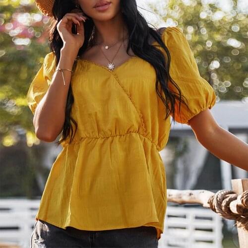 3 Colors Womens Personality Delicate All-Match Simplicity Bubble Sleeves Solid Color Slim V-Neck Short-Sleeved Tops Streetwear