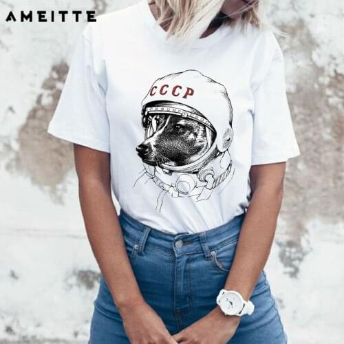 AMEITTE 2019 Summer Tops space traveler Design T Shirts Women Laika Dog Print Fashion All-match Female White Tee Shirt