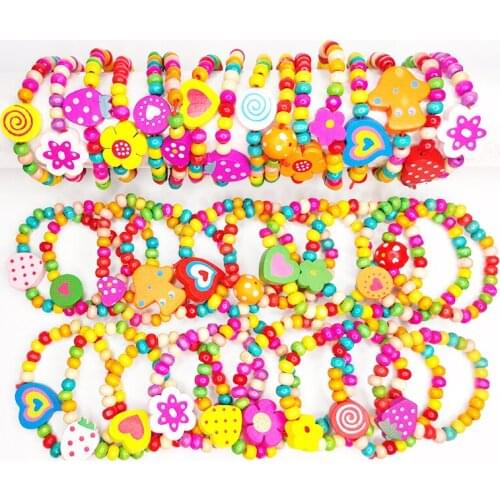 6/12pcs/lot Natural Wood Kids Elastic Wooden Beads Bracelets Children Girl Birthday Party Jewelry Gift